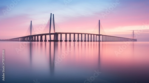  a long bridge over a body of water with a pink and blue sky in the background and a few clouds in the sky. © Anna