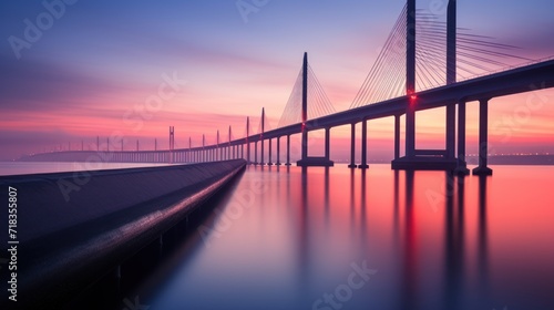  a long bridge over a body of water with a red light at the end of the bridge and a red light at the end of the bridge.
