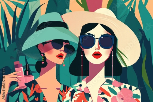 Two stylish women shield their eyes with chic sunglasses and hats in this vibrant animated painting, exuding confidence and coolness with a touch of playful cartoon charm