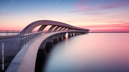  a bridge over a body of water with a pink and blue sky in the background and a pink and blue sky in the foreground. © Anna