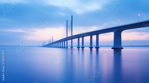  a long bridge over a body of water with a blue sky in the background and a light blue sky in the foreground. © Anna