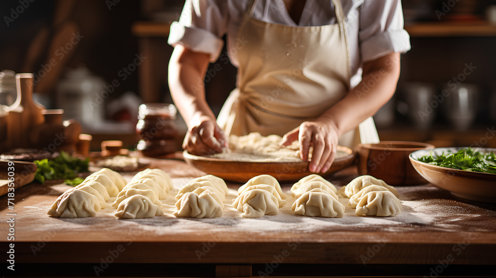 
woman preparing dumplings dough on wooden table in close up