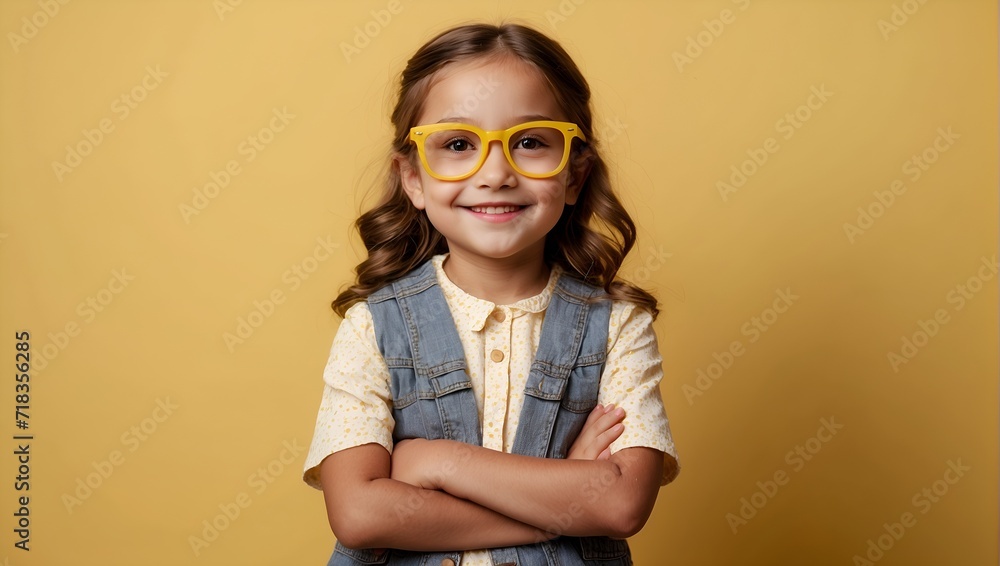 Cute girl about five years old wearing glasses standing in isolated background, portrait studio shot Cute girl about five years old wearing glasses standing in isolated background, portrait studio shot