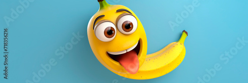 Banner with banana on blue background. Funny cartoon character tropical fruit with eyes and smile. Banana Day. Cute header for menu, website, advertising, blog, kid friendly food, vegetarian store