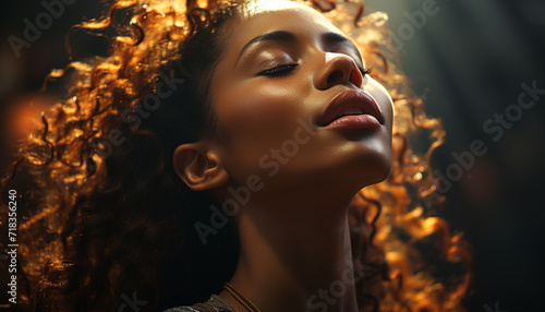 Young woman with curly hair, eyes closed, outdoors generated by AI