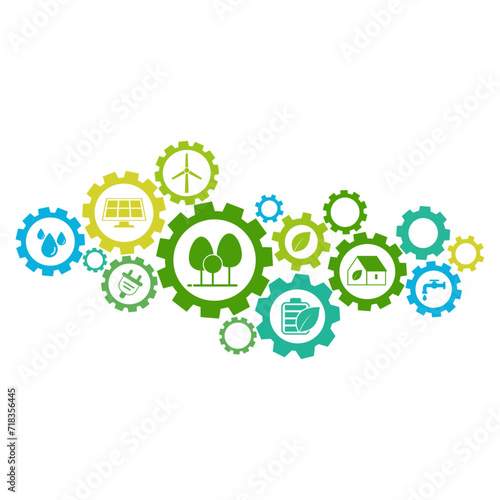 Green concept vector illustration. Sustainable production with icons. Ecological and eco-friendly development. Zero emission and pollution manufacturing 