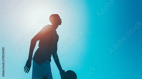 Image of young male athlete, professional basketball player training with ball over white and blue background. Repeating silhouette image. Inspiration, creativity and sports concept photo