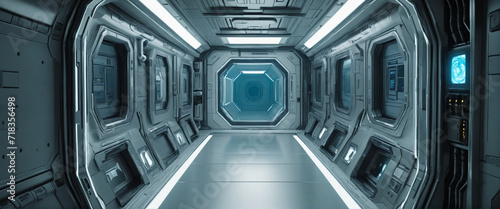 Futuristic space-themed metallic corridor or room with a blue color scheme. Ultra modern design. Hand-edited for a sci-fi aesthetic.