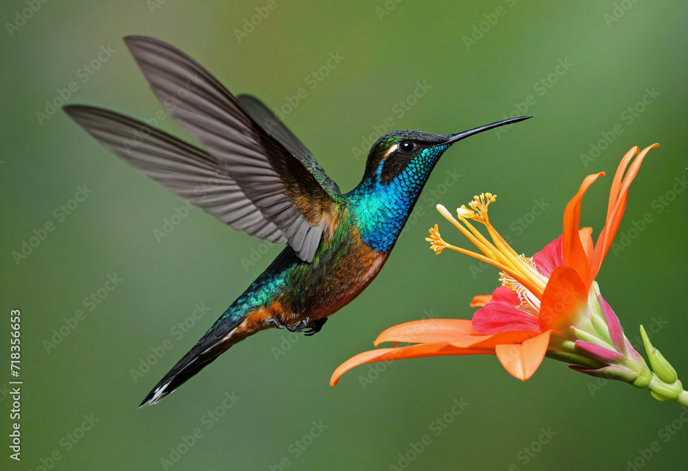 Fototapeta premium Vibrant hummingbird Panterpe insignis in flight, sipping nectar from crocosmia in tropical woodland. Colorful Costa Rican mountain wildlife scene.