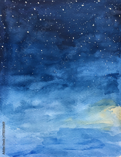 simple view of night sky painted in watercolors. AI generative