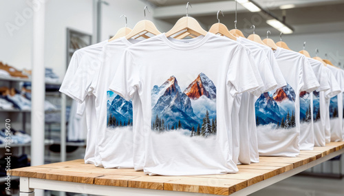 A rack of white t-shirts with a mountain design on them © Graphic Dude