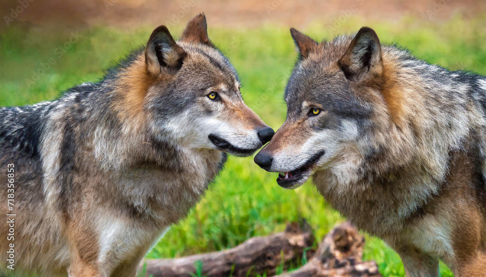 Fototapeta premium two wolves face each other, aggressive mood of a turf war to make the hierarchy clear 