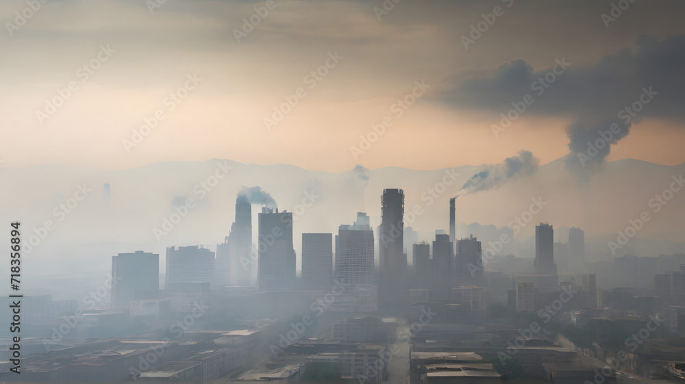 Obraz premium Obscured Skyline: Photography Conveying the Extent of Air Pollution with a City Skyline Enveloped in Thick Haze and the Need for Urgent Action - AI