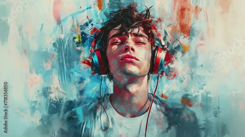 Modern artwork. Young man listening to music over light background.