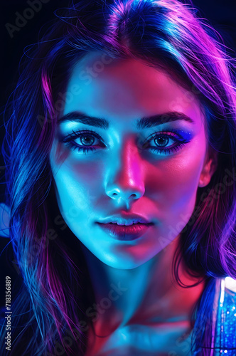 Portrait of a beautiful young woman with glowing blue and purple lights illuminating her face.