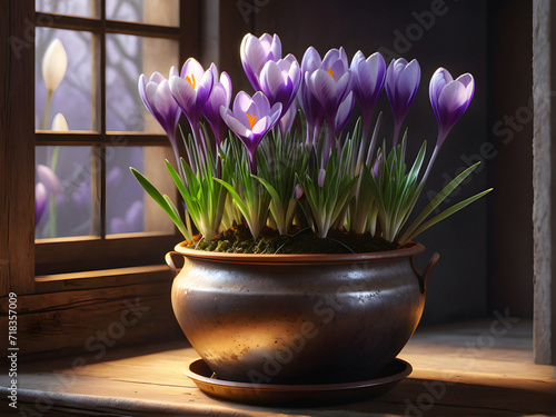 Crocus Elegance: Artistic Composition in an Old Pot Evoking Comfort and Warmth. generative AI