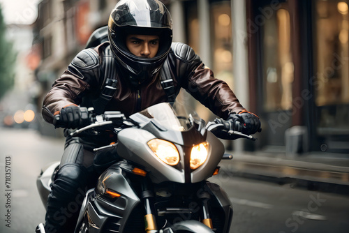 A motorcycle rider wearing a helmet, speeding on the bike, with clear determination and challenge evident in his face