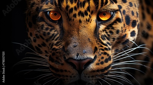  a close - up of a leopard's face with orange eyes and long whiskers on a black background. © Anna