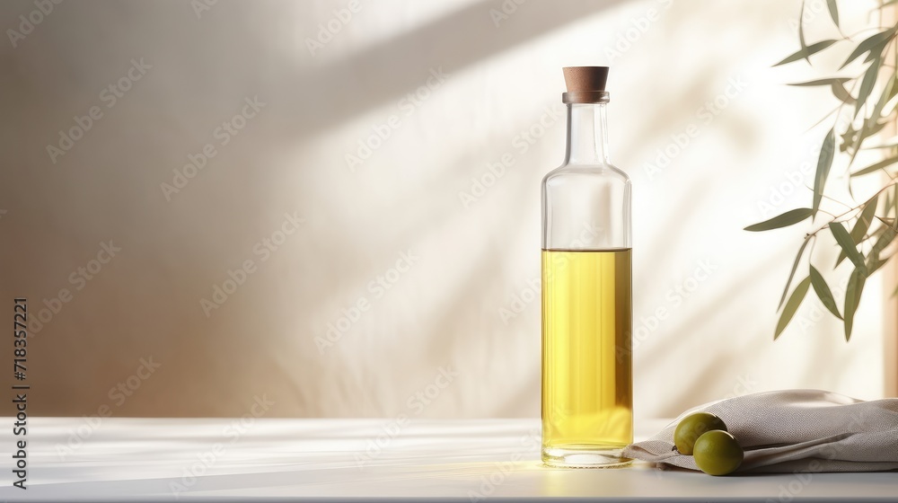Glass Bottle of Olive Oil on a Sunlit Table With Olive Branch and Cloth