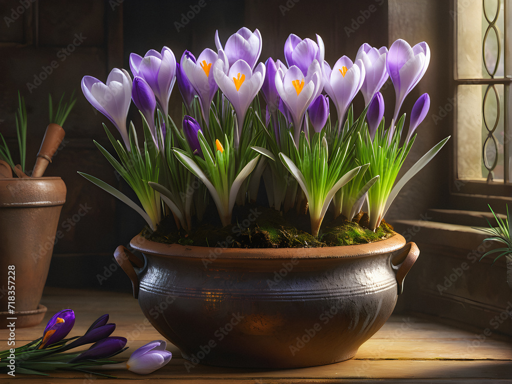 Crocus Elegance: Artistic Composition in an Old Pot Evoking Comfort and Warmth. generative AI