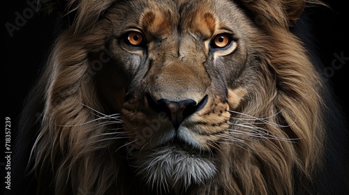  a close - up of a lion's face on a black background with a long mane and orange eyes. © Anna