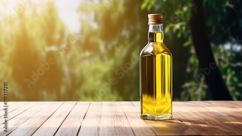 Glass Bottle of Golden Oil on a Wooden Surface in Soft Natural Light