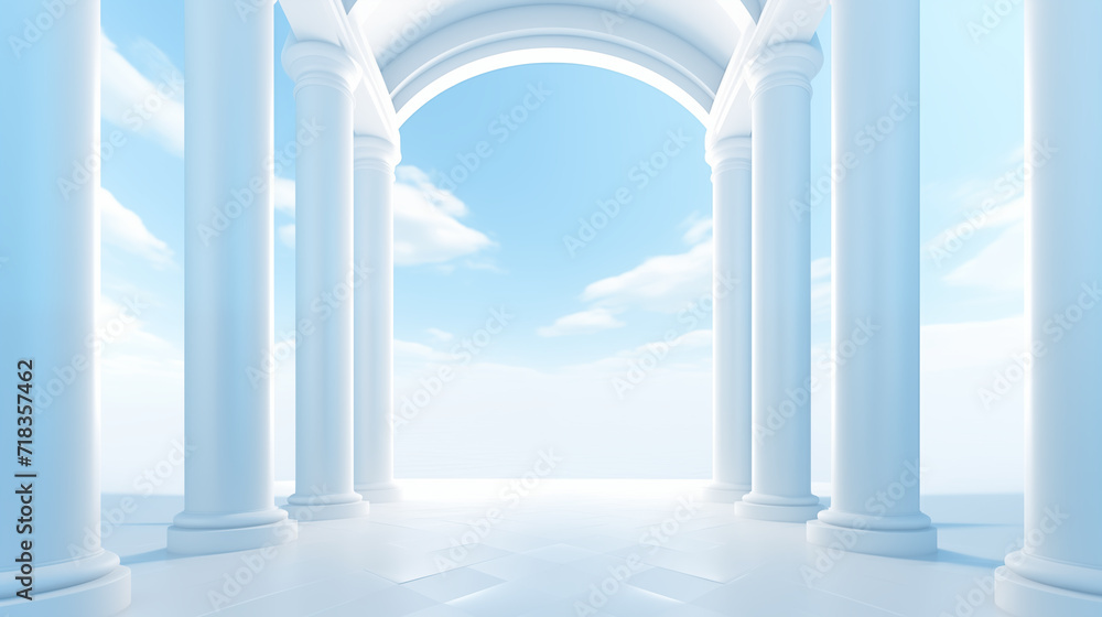 An image of an architectural symmetrical structure in the form of columns in white an blue tones with receding perspective and ideal rhythms with clouds in the background. Generative AI