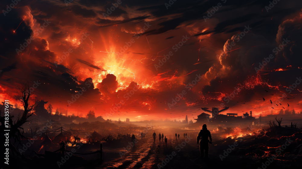 Scary landscape of apocalypse, explosions in dramatic red sky during global war. Futuristic view of apocalyptic atomic disaster. Concept of battlefield, world, epic battle, horror - obrazy, fototapety, plakaty 