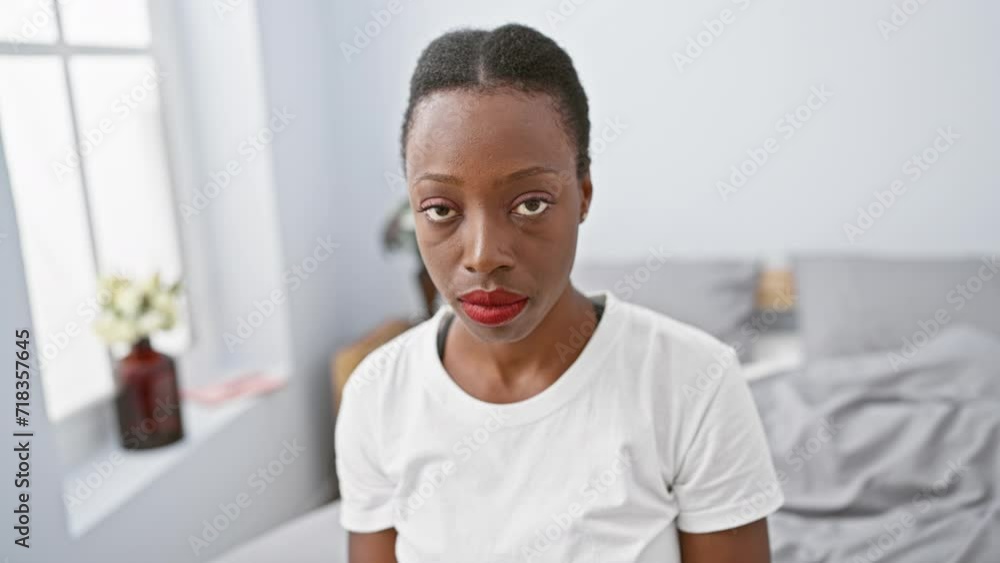 Exhausted african american woman sluggishly wakes up, lying in bed with lazy eyes. tired from sleep hangover, looking fatigued in bedroom amidst morning light. Exhausted african american woman sluggishly wakes up, lying in bed with lazy eyes. tired from sleep hangover, looking fatigued in bedroom amidst morning light.