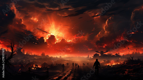 Scary landscape of apocalypse, explosions in dramatic red sky during global war. Futuristic view of apocalyptic atomic disaster. Concept of battlefield, world, epic battle, horror