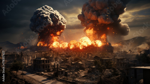 Scary landscape of apocalypse, explosions in dark destroyed city during global war. Futuristic view of apocalyptic atomic disaster. Concept of battlefield, world, future, epic,