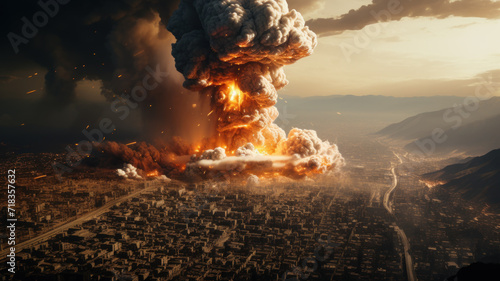 Explosion and fire in Eastern city during war, aerial view of dramatic landscape and smoke. Futuristic scene of apocalyptic nuclear disaster. Concept of world, apocalypse, epic, strike photo