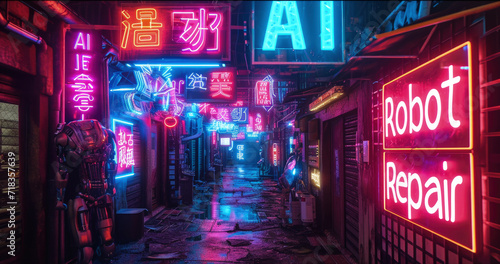 Neon signs of AI Robot Repair on wet deserted street or alley at night, gloomy dark city shops with purple and blue light. Concept of dystopia, cyberpunk, technology and future © scaliger