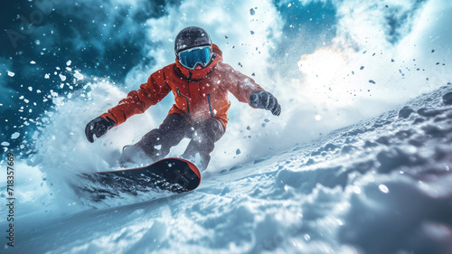 Snowboarder slides on ski slope spraying snow powder, man in red jacket rides snowboard in winter. Concept of sport, powder, extreme, speed, splash, resort