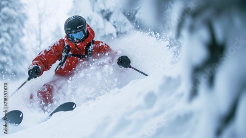Skier in red clothes moves at mountain slope with splash of snow, man in mask skiing downhill in winter. Concept of sport, powder, extreme, speed, spray, travel,