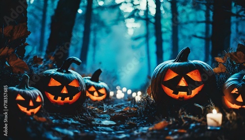 Halloween pumpkins in a spooky forest at night