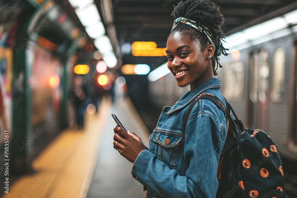 Smiling young African American woman using her smartphone generative ai - obrazy, fototapety, plakaty 