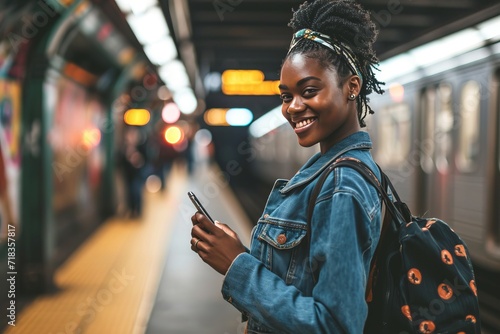 Smiling young African American woman using her smartphone generative ai