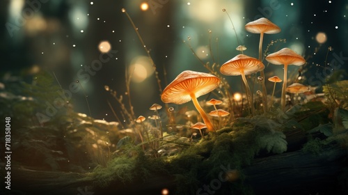  a group of mushrooms sitting on top of a lush green forest covered in lots of ligty green grass.