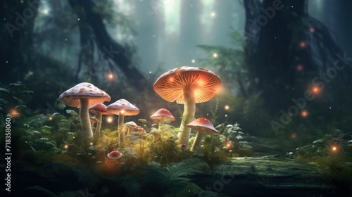  a group of mushrooms sitting on top of a lush green forest filled with lots of leaves and glowing fireflies.