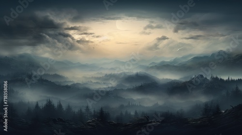  a painting of a foggy mountain scene with the sun peeking through the clouds and the trees in the foreground.