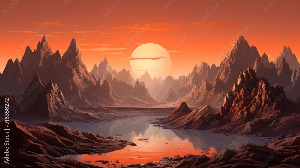  a painting of a mountain landscape with a lake in the foreground and the sun rising over the mountains in the background.