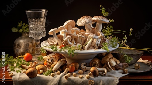  a pile of mushrooms sitting on top of a table next to a glass vase and a bowl of carrots.
