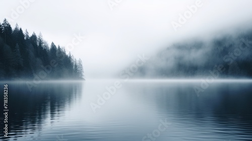  a body of water surrounded by forest on a foggy day with a boat on the water in the foreground.