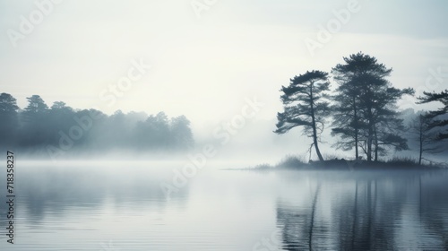  a body of water surrounded by trees in the middle of a foggy day with a small island in the middle of the water.