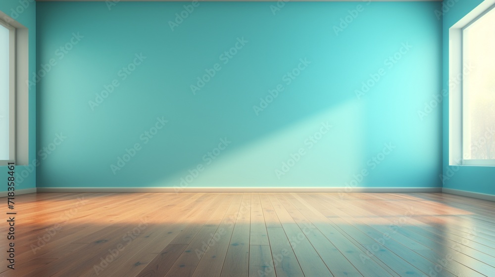 A spacious room with a vibrant blue turquoise wall and sleek wooden flooring, sunlight streaming through the window creating a warm glare, perfect for presentation backgrounds A spacious room with a vibrant blue turquoise wall and sleek wooden flooring, sunlight streaming through the window creating a warm glare, perfect for presentation backgrounds