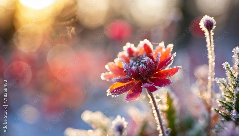Winter landscape. Frozen flower - selective focus. Winter scene Winter landscape. Frozen flower - selective focus. Winter scene