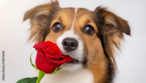 The dog is holding a red rose in her mouth as a gift for Valentine's Day on a white background	

