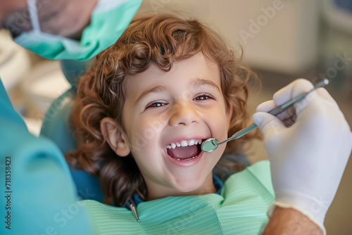 child sitting in a dental chair with a dentist examining their teeth