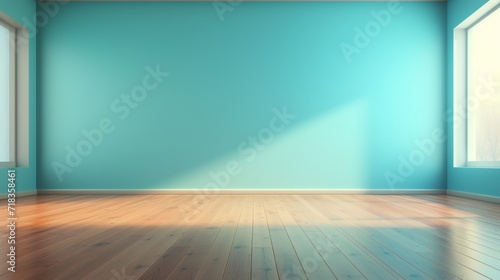 A spacious room with a vibrant blue turquoise wall and sleek wooden flooring, sunlight streaming through the window creating a warm glare, perfect for presentation backgrounds © SardarMuhammad